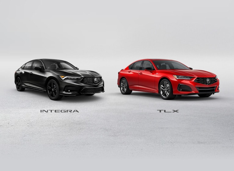 Se muestran el Acura Integra 2026 en Majestic Black Pearl y el TLX 2025 en Performance Red Pearl lado a lado.