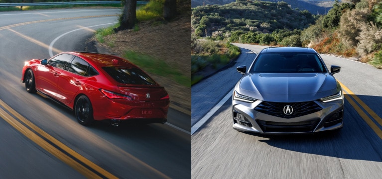 Se muestra el Acura Integra A-Spec 2026 en Performance Red Pearl y el Acura TLX 2025 con Paquete Tecnológico en Liquid Carbon Metallic con maniobrabilidad superior.