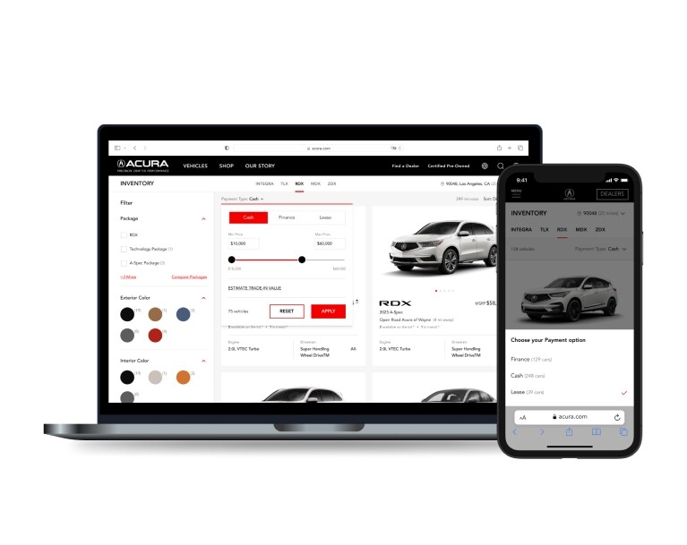 On the left a laptop screen showing a grid view of available RDX models with the payment type filter open and on the right a phone screen showing a mobile grid view of available RDX models with the payment type filter open