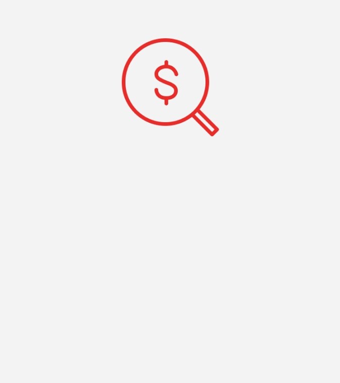 Icono de una lupa y un signo de dólar para precios transparentes