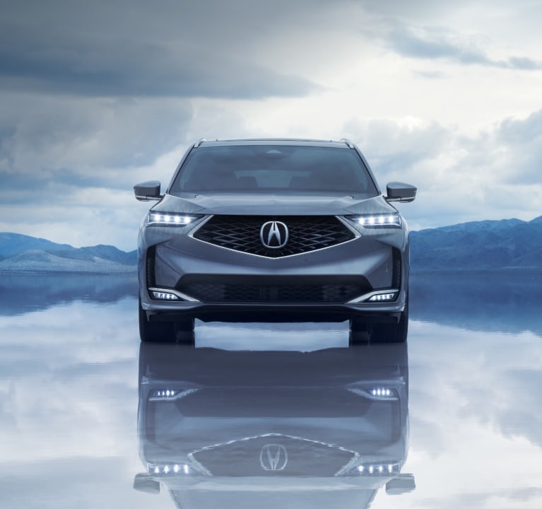 Vista delantera de la Acura MDX 2025 en Liquid Carbon Metallic