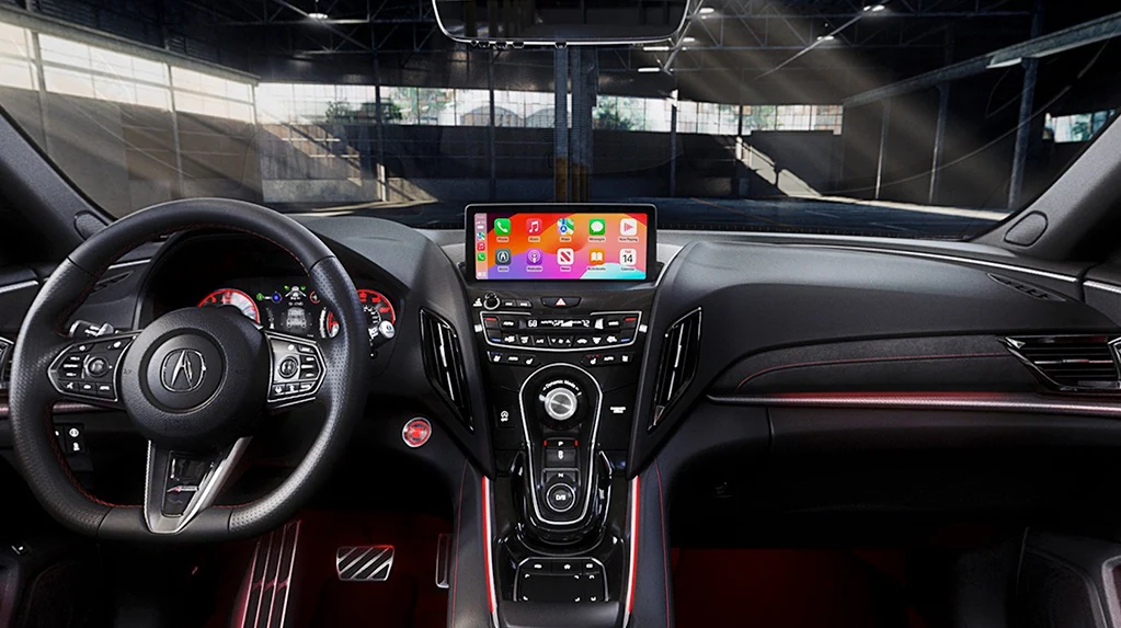 Vista interior de la Acura RDX 2026 con Paquete A-Spec y Ultrasuede de color Ebony
