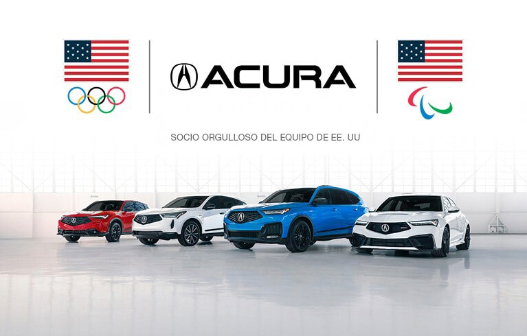 Las Acura ADX, RDX, MDX y el Integra 2026, alineados en un estudio con logotipos del equipo de EE. UU.