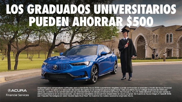 Acura Integra A-Spec 2026 en Double Apex Blue Pearl frente a un campus universitario con un graduado (compacto deportivo prémium).