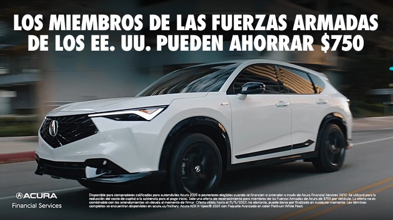 Vista de perfil de la Acura ADX A-Spec Advance 2026 en Platinum White Pearl manejando por una calle borrosa (SUV compacta prémium).