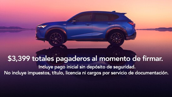 Perfil de la Acura ADX 2026 color Adriatic Sea Blue Metallic en unas salinas al atardecer con reflejos y texto de oferta en pantalla para el arrendamiento, total de $3,399 pagadero al momento de firmar. Incluye pago inicial sin depósito de seguridad. No incluye impuestos, título, licencia ni cargos por servicio de documentación. (SUV compacta prémium).